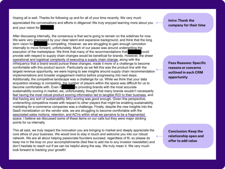 A real pass email sent to a founder after an introductory conversation